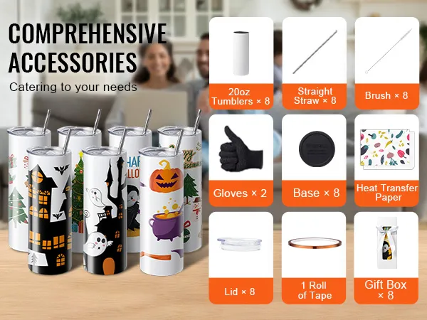 comprehensive VEVOR tumbler heat press accessories including 20oz tumblers, heat transfer paper, and more.