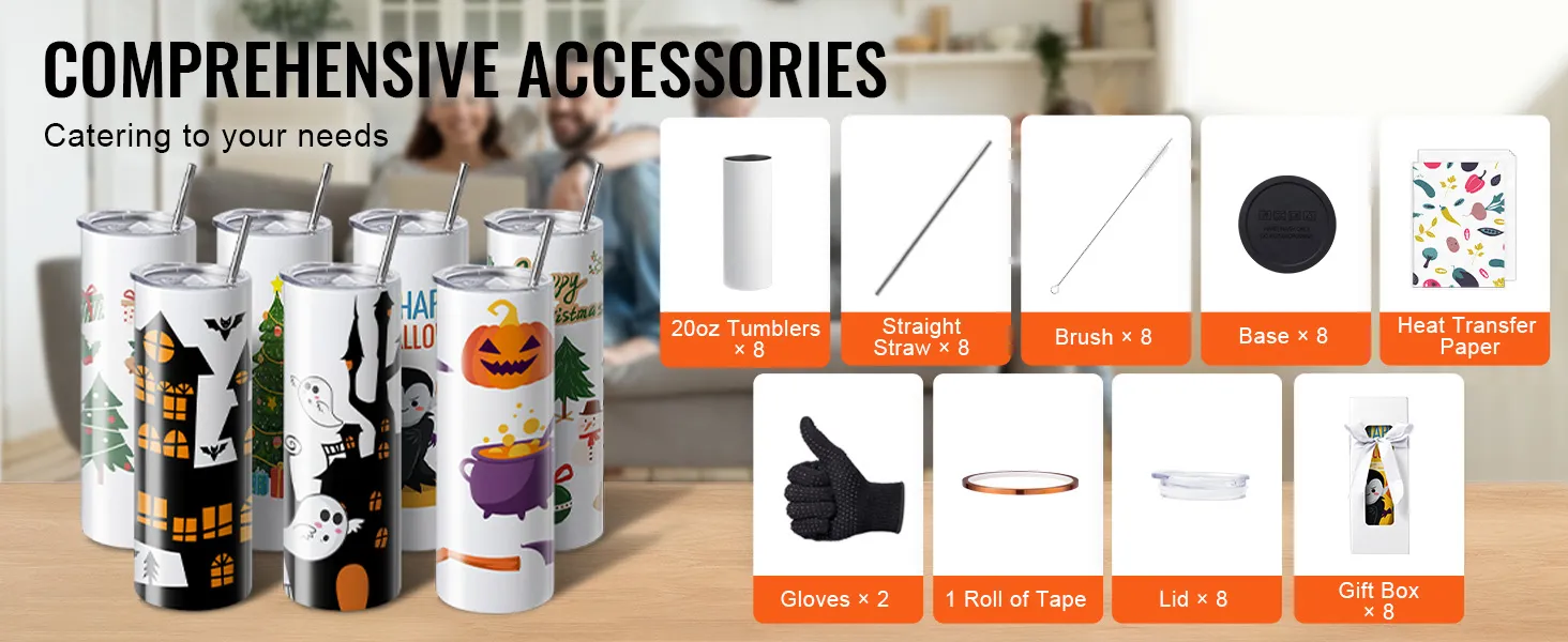 comprehensive VEVOR tumbler heat press accessories including 20oz tumblers, heat transfer paper, and more.