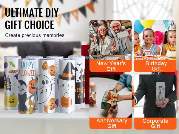 ultimate diy gift choice display showcasing personalized halloween-themed tumblers and various gift options.