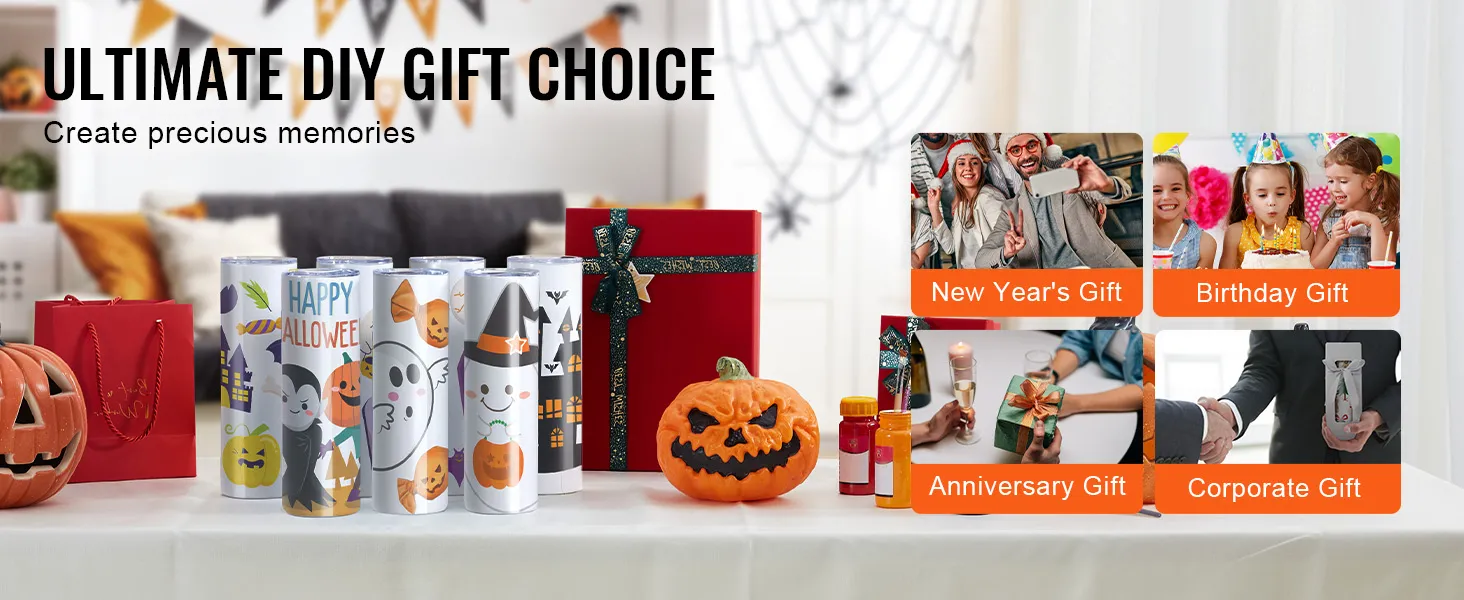 ultimate diy gift choice display showcasing personalized halloween-themed tumblers and various gift options.