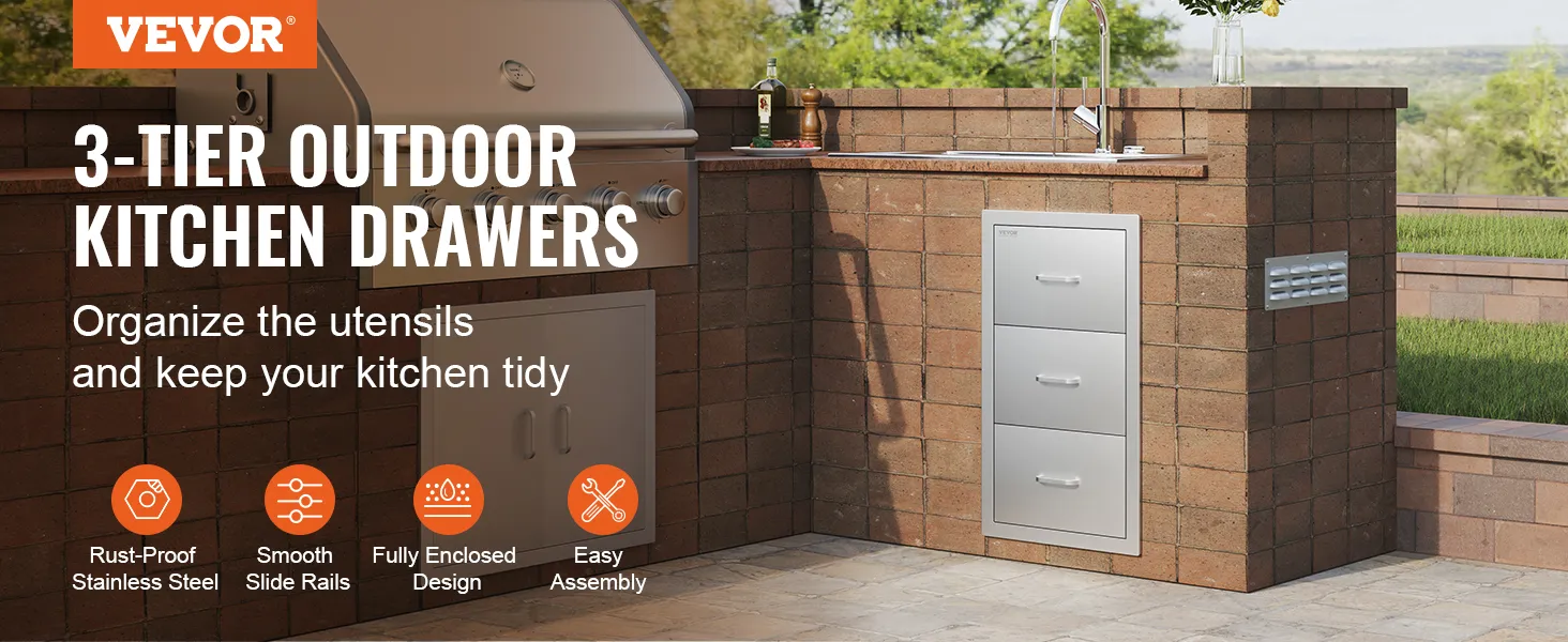 VEVOR outdoor kitchen drawers in a brick countertop with barbecue and sink.