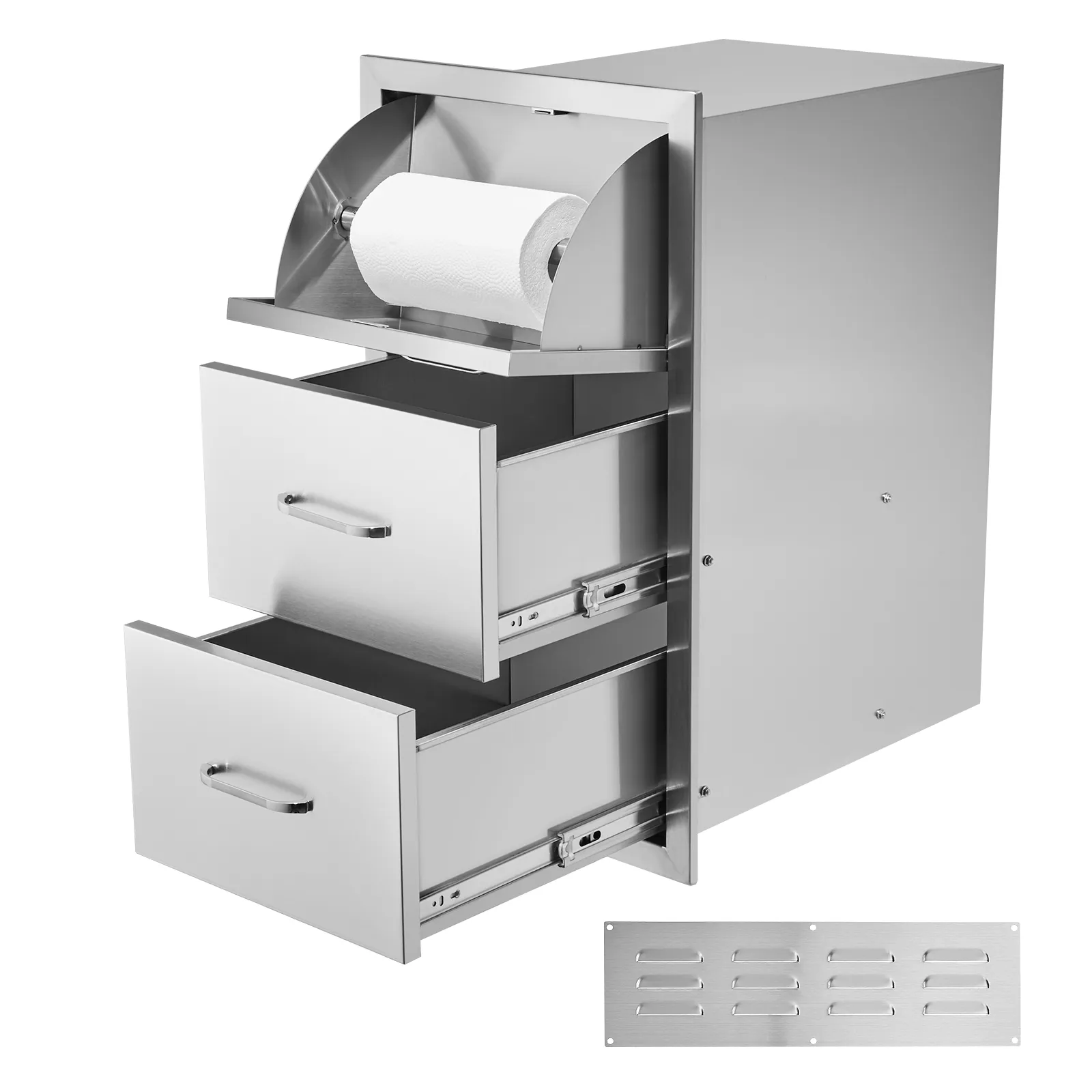 three-tier VEVOR outdoor kitchen drawers with paper towel holder and ventilation panel.