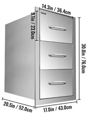 stainless steel VEVOR outdoor kitchen drawers with dimensions labeled in inches and cm.