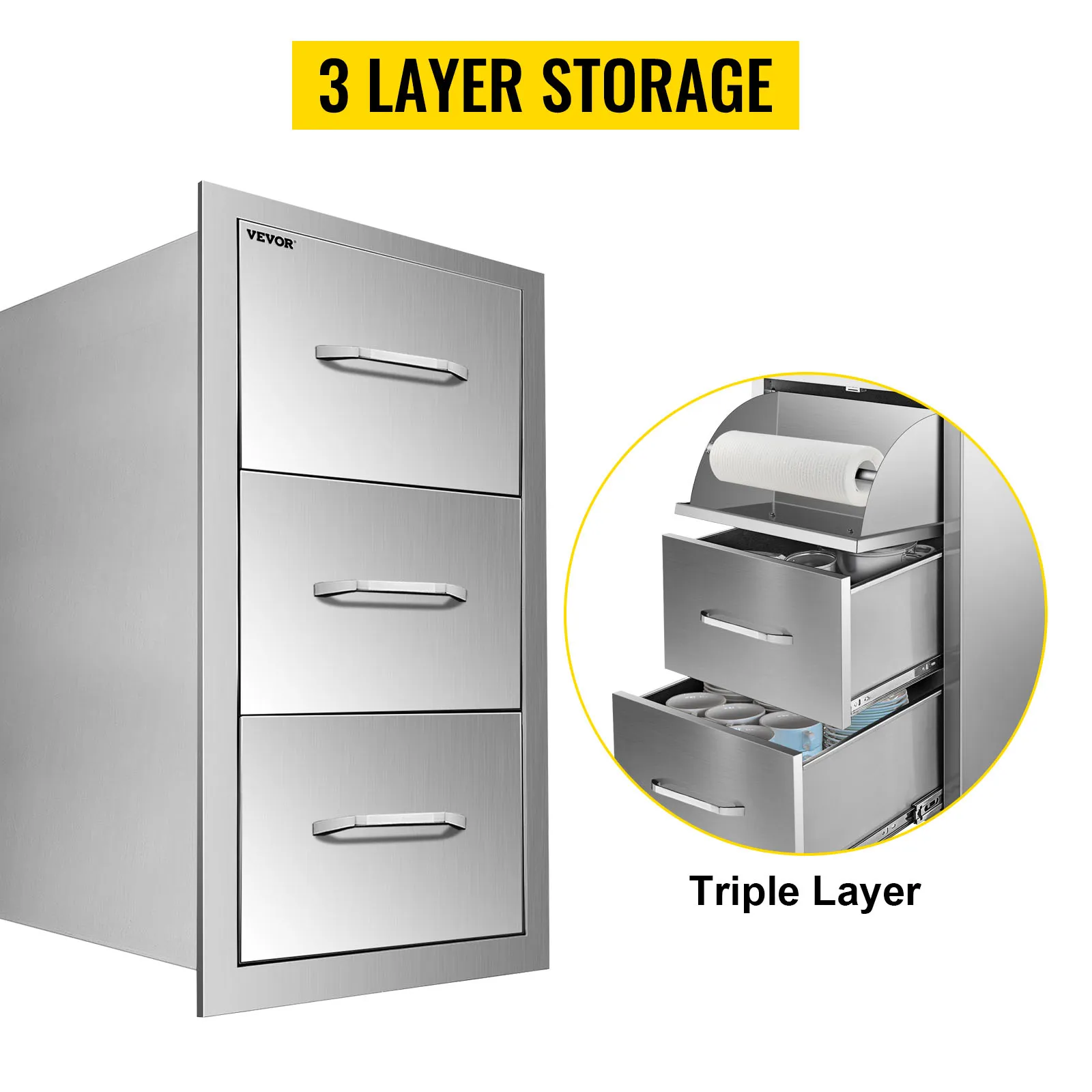 VEVOR outdoor kitchen drawers with 3-layer storage and triple-layer functionality.
