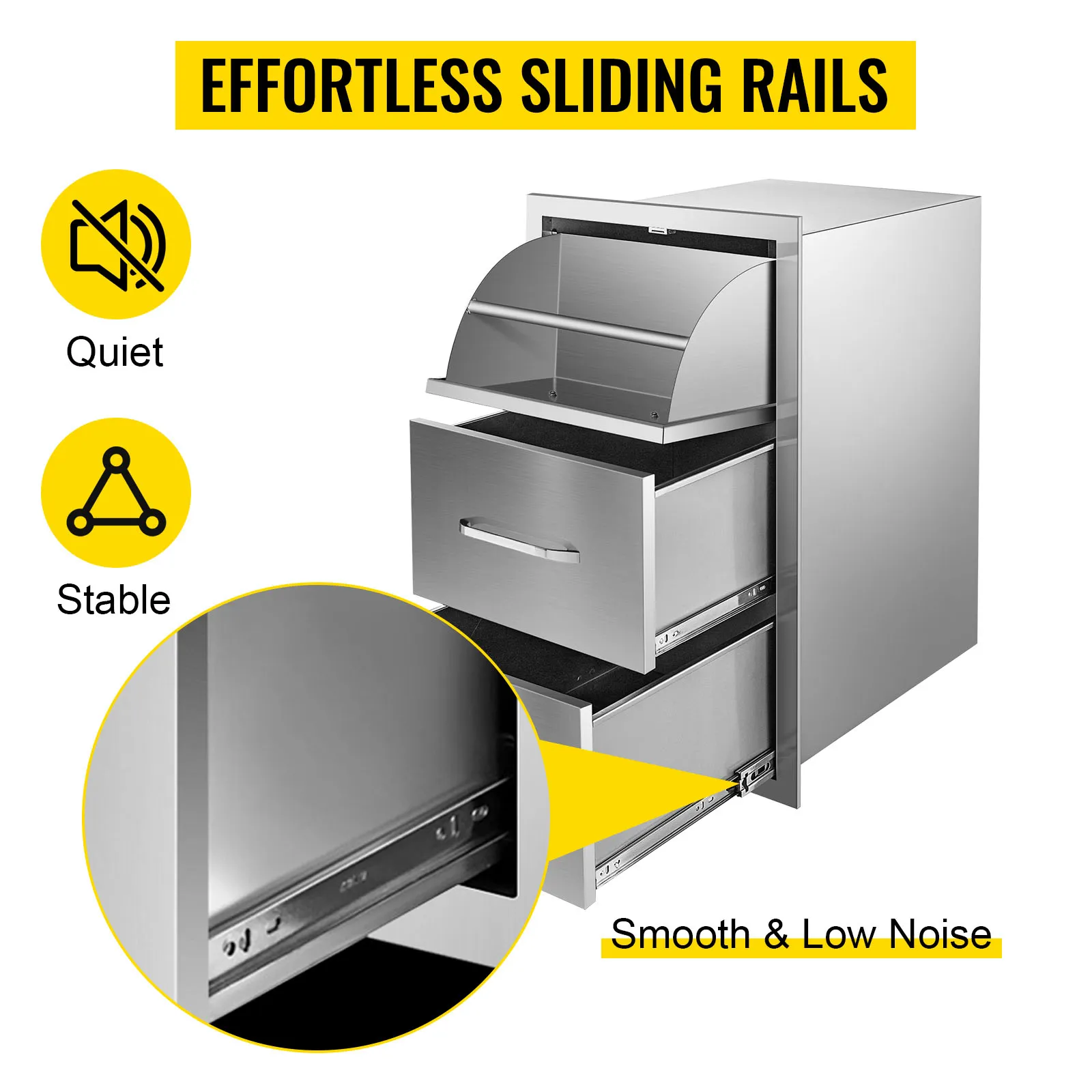VEVOR outdoor kitchen drawers with effortless sliding rails, quiet, and stable operation.