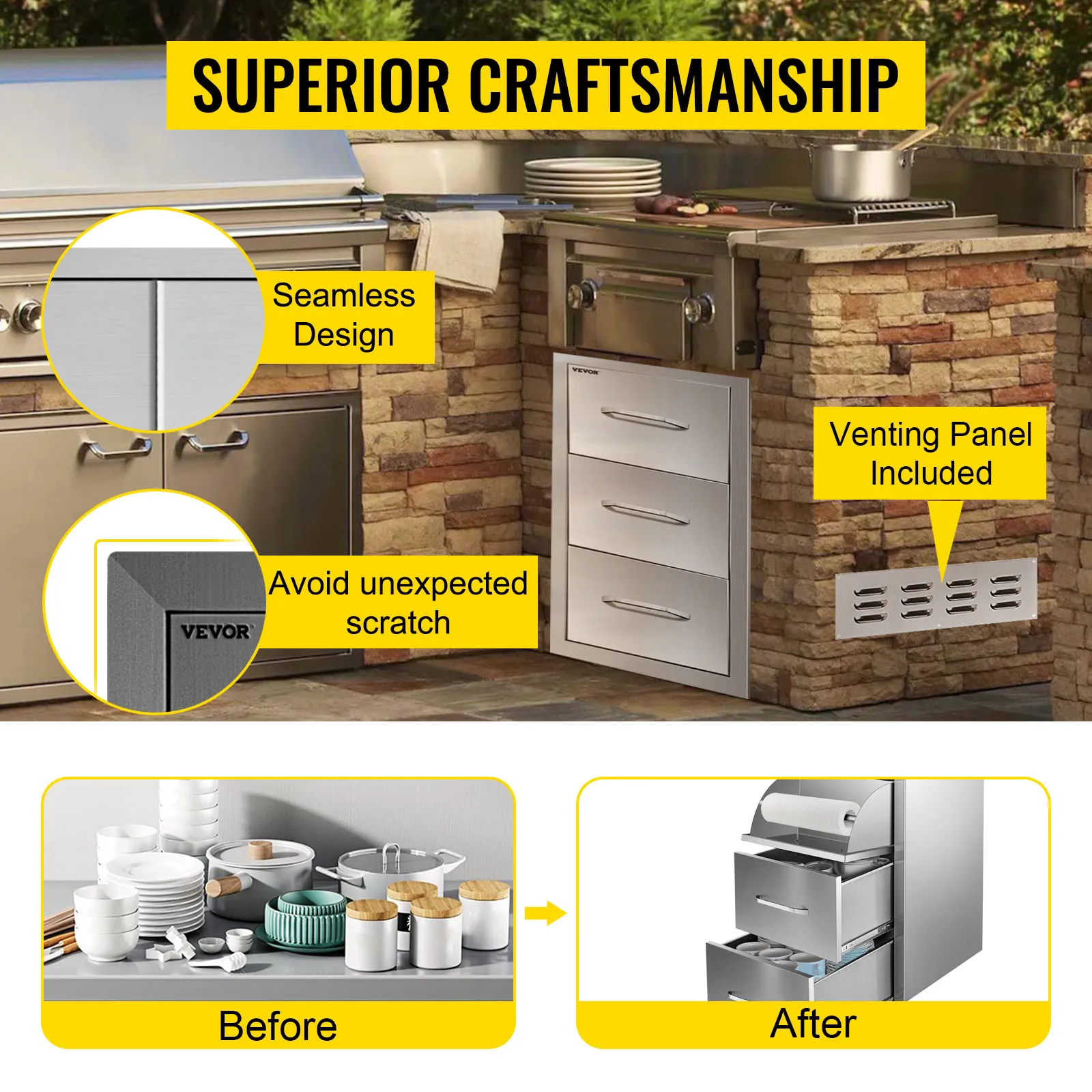 VEVOR outdoor kitchen drawers seamlessly designed with venting panel and scratch protection.
