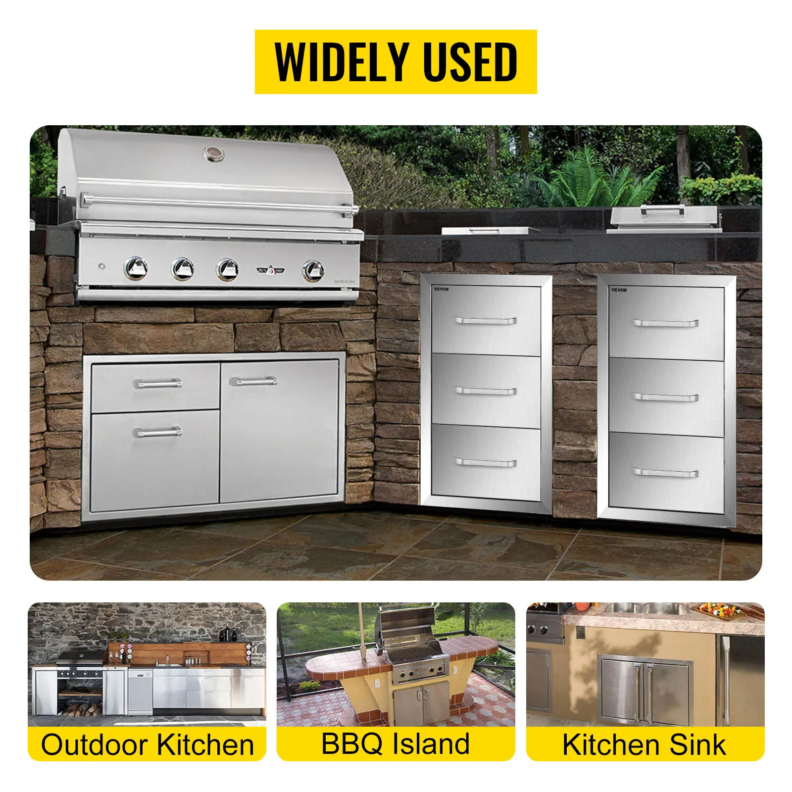 VEVOR outdoor kitchen drawers set in stone bbq island with grill and storage options.