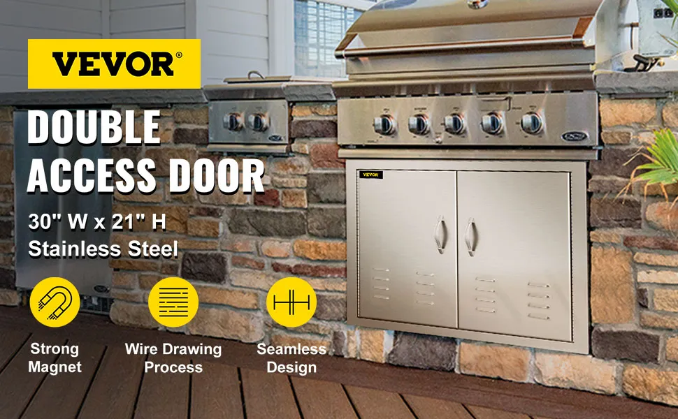 Puerta de acceso para barbacoa VEVOR de 30" x 21" de acero inoxidable instalada debajo de la parrilla exterior.