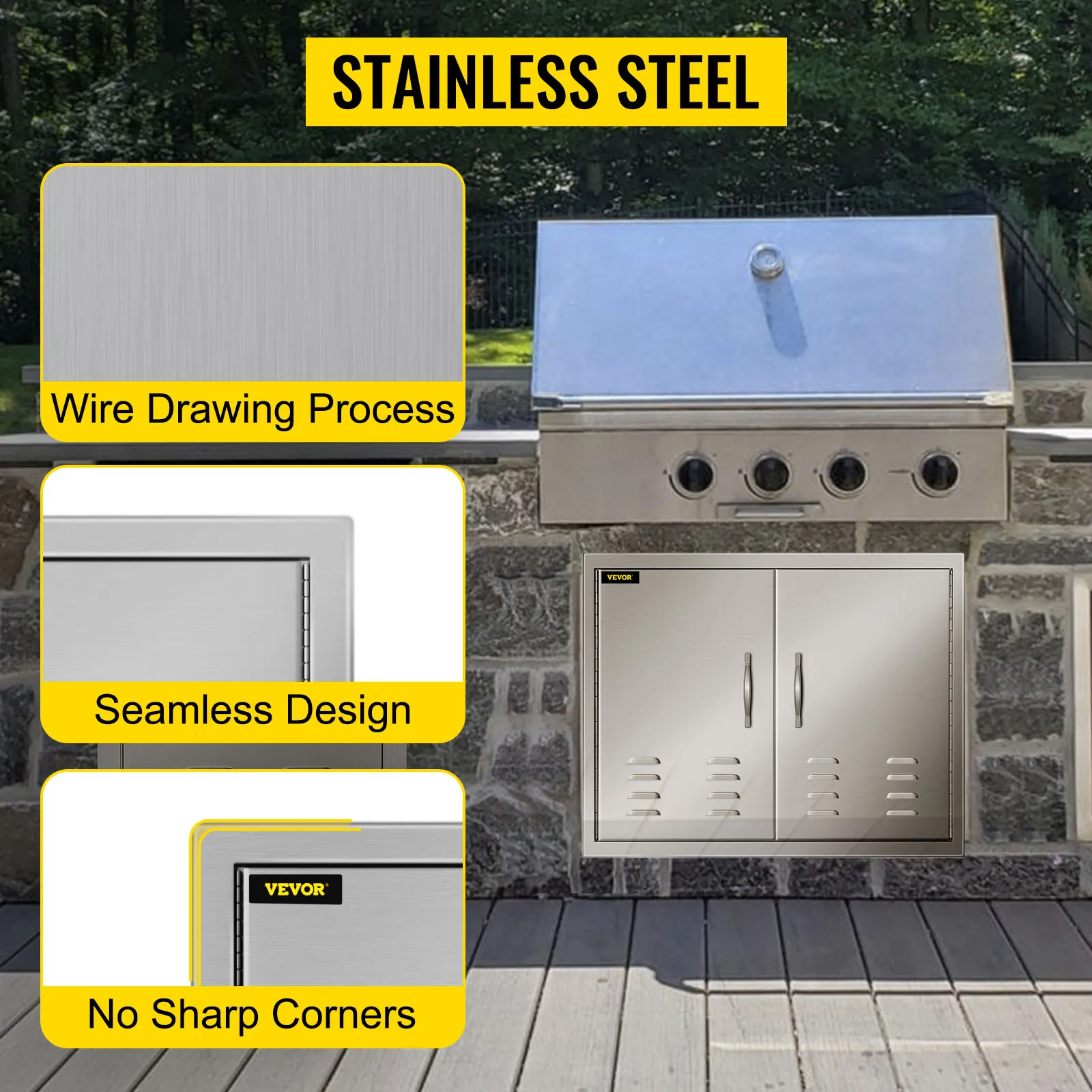 Puerta de acceso para barbacoa VEVOR de acero inoxidable con proceso de trefilado y diseño sin costuras.