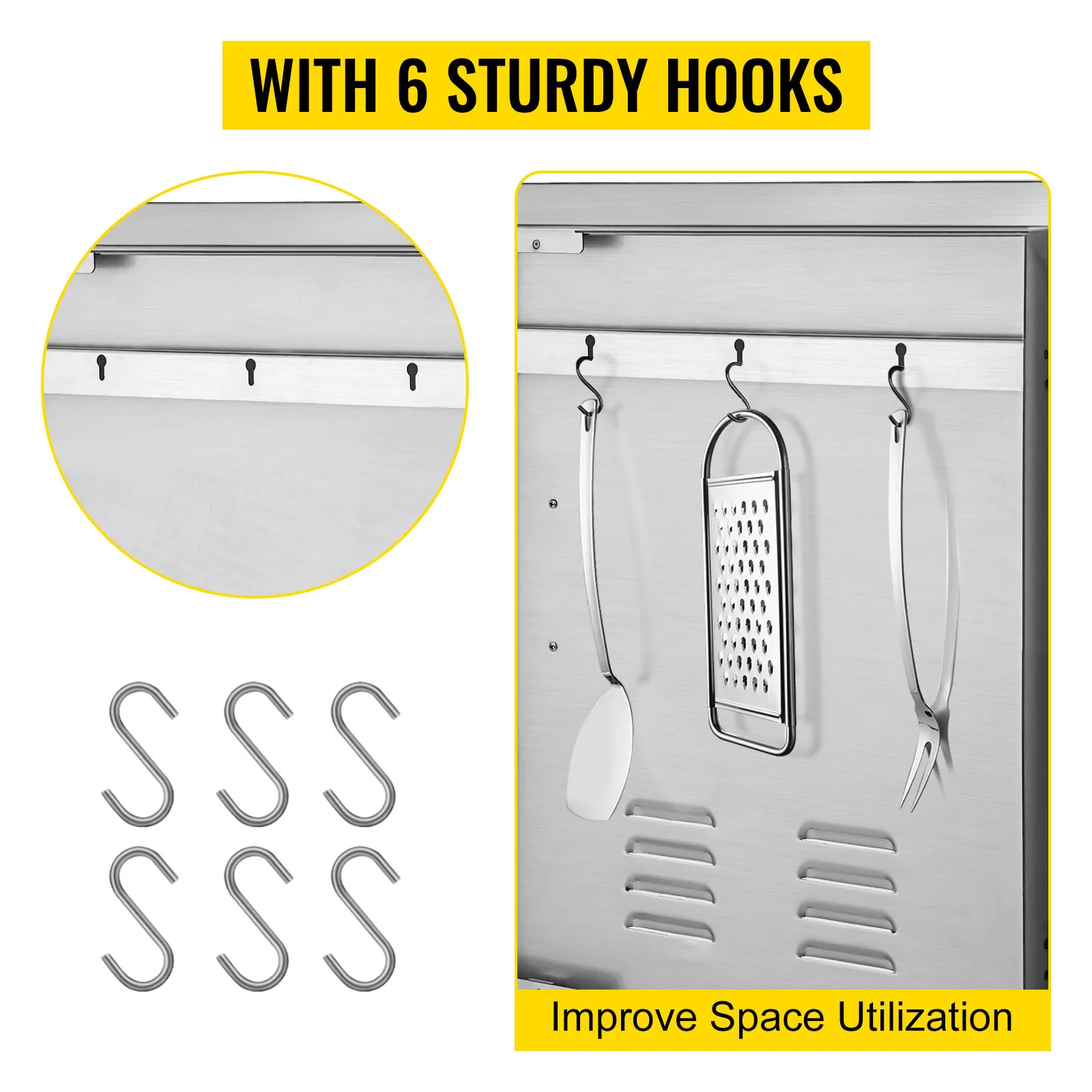 Puerta de acceso para barbacoa VEVOR con 6 ganchos resistentes para guardar utensilios ahorrando espacio.