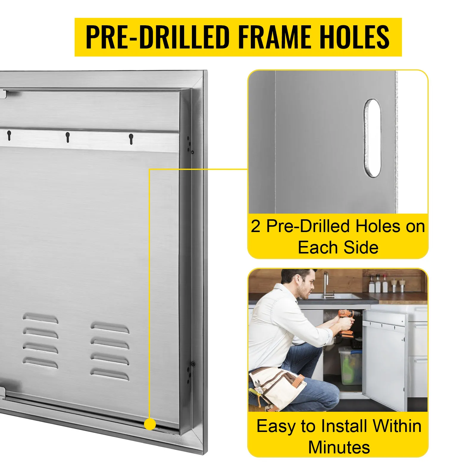 Puerta de acceso para barbacoa VEVOR con orificios de marco pretaladrados, fácil instalación en minutos.