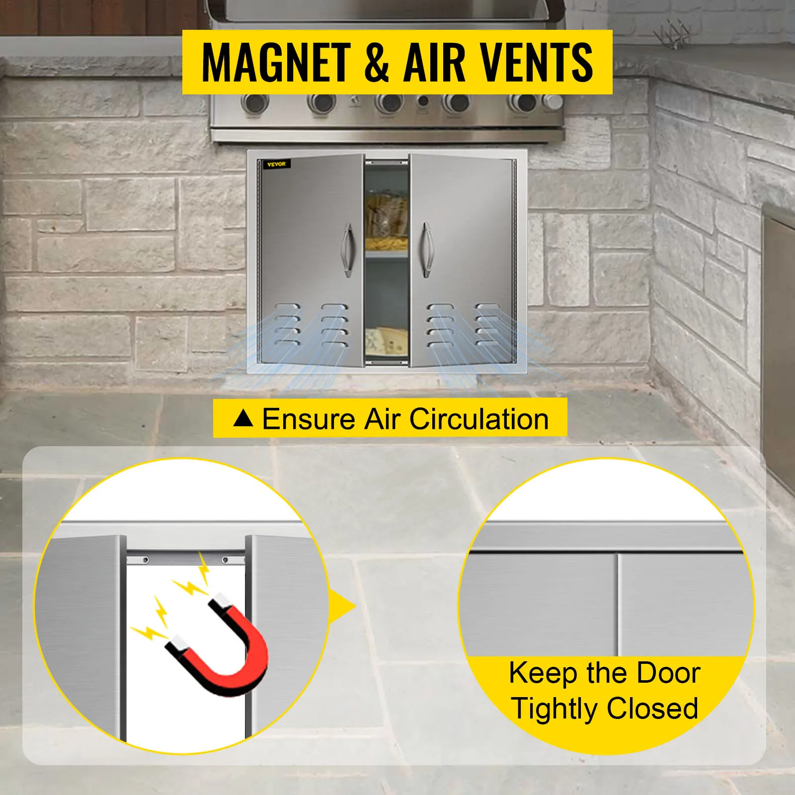 Puerta de acceso para barbacoa VEVOR con imán y rejillas de ventilación que garantizan una adecuada circulación del aire.