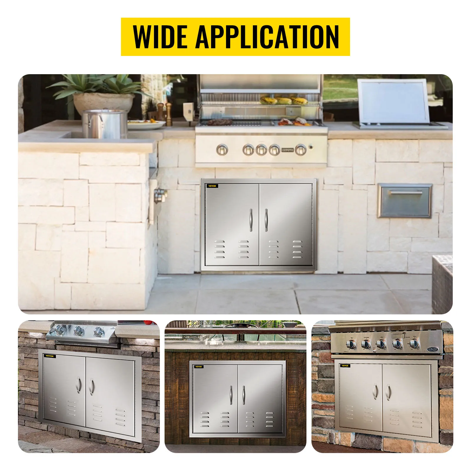 Puerta de acceso a barbacoa VEVOR en cocinas exteriores con acabados en piedra y madera.