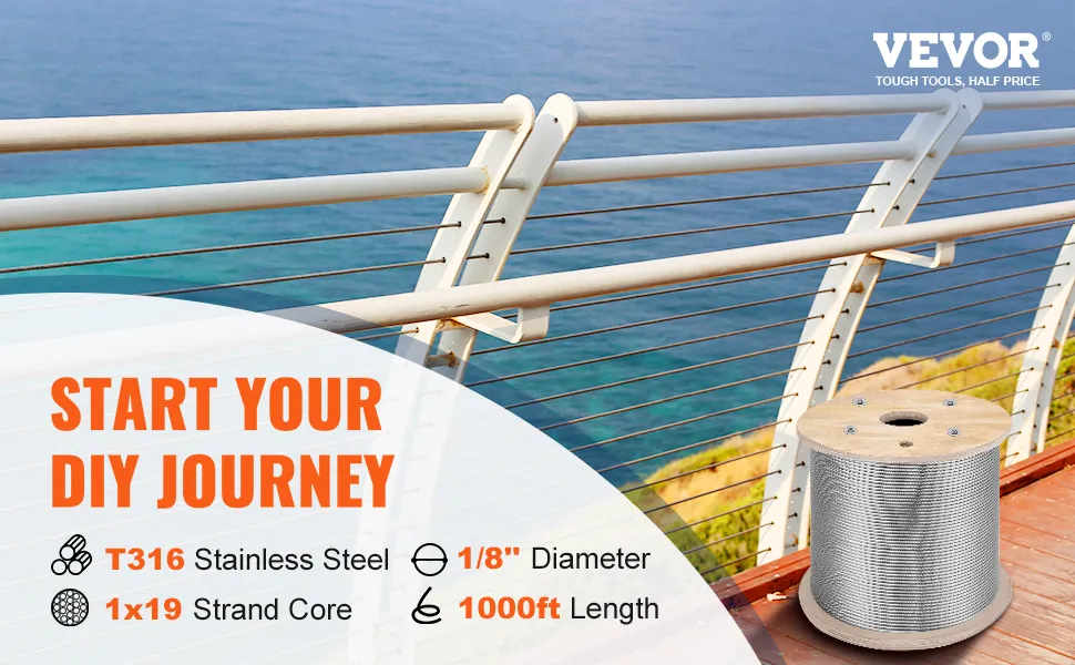 VEVOR stainless steel cable for diy projects by the ocean, featuring specs and cable reel.