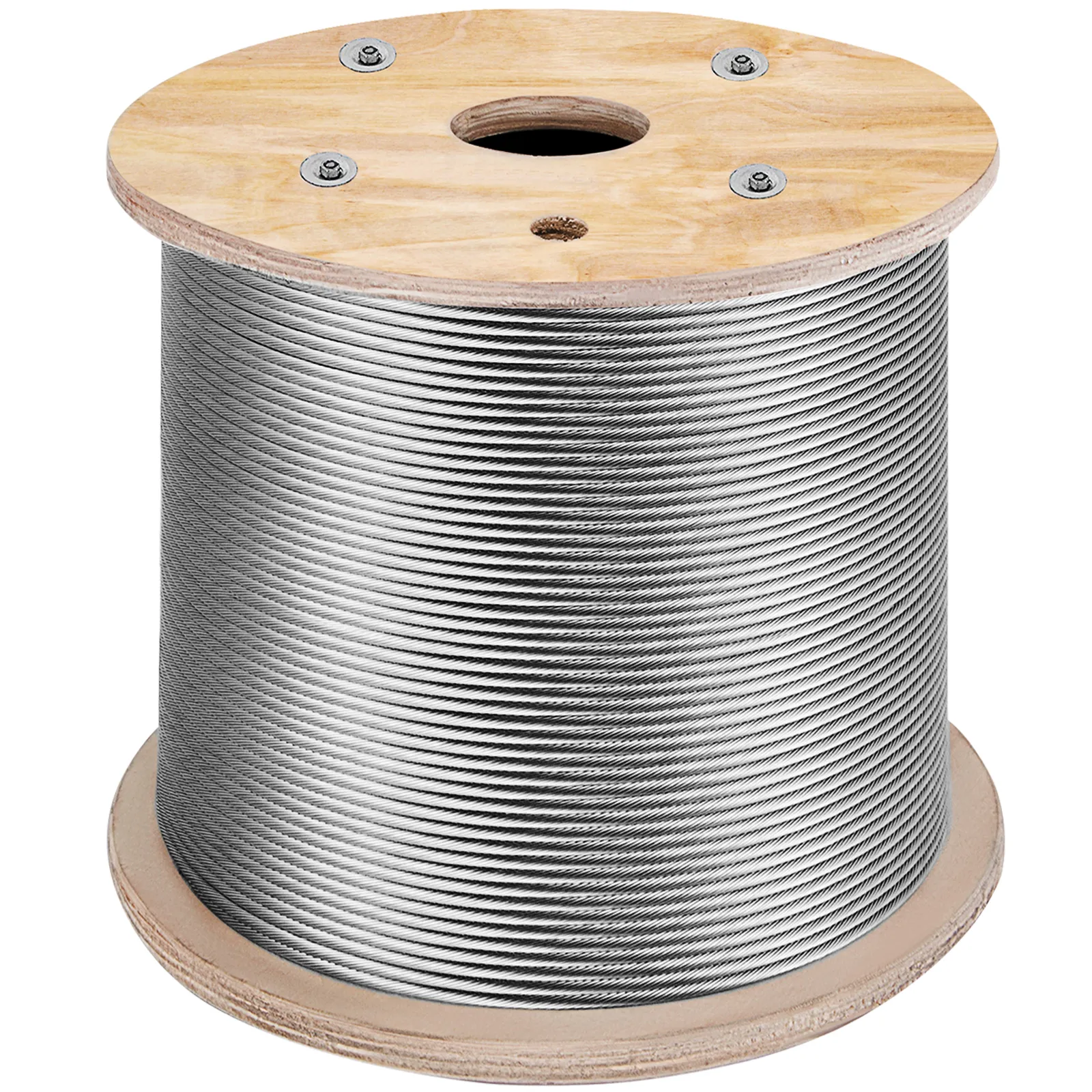VEVOR stainless steel cable on wooden reel for heavy-duty applications.