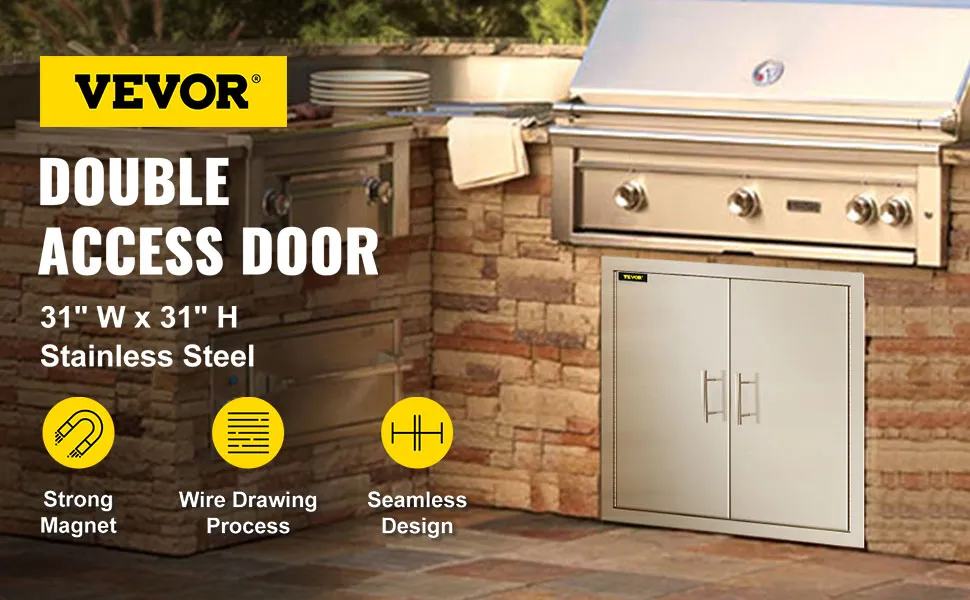 Puerta de acceso para barbacoa VEVOR, doble acero inoxidable con imanes potentes y diseño sin costuras.