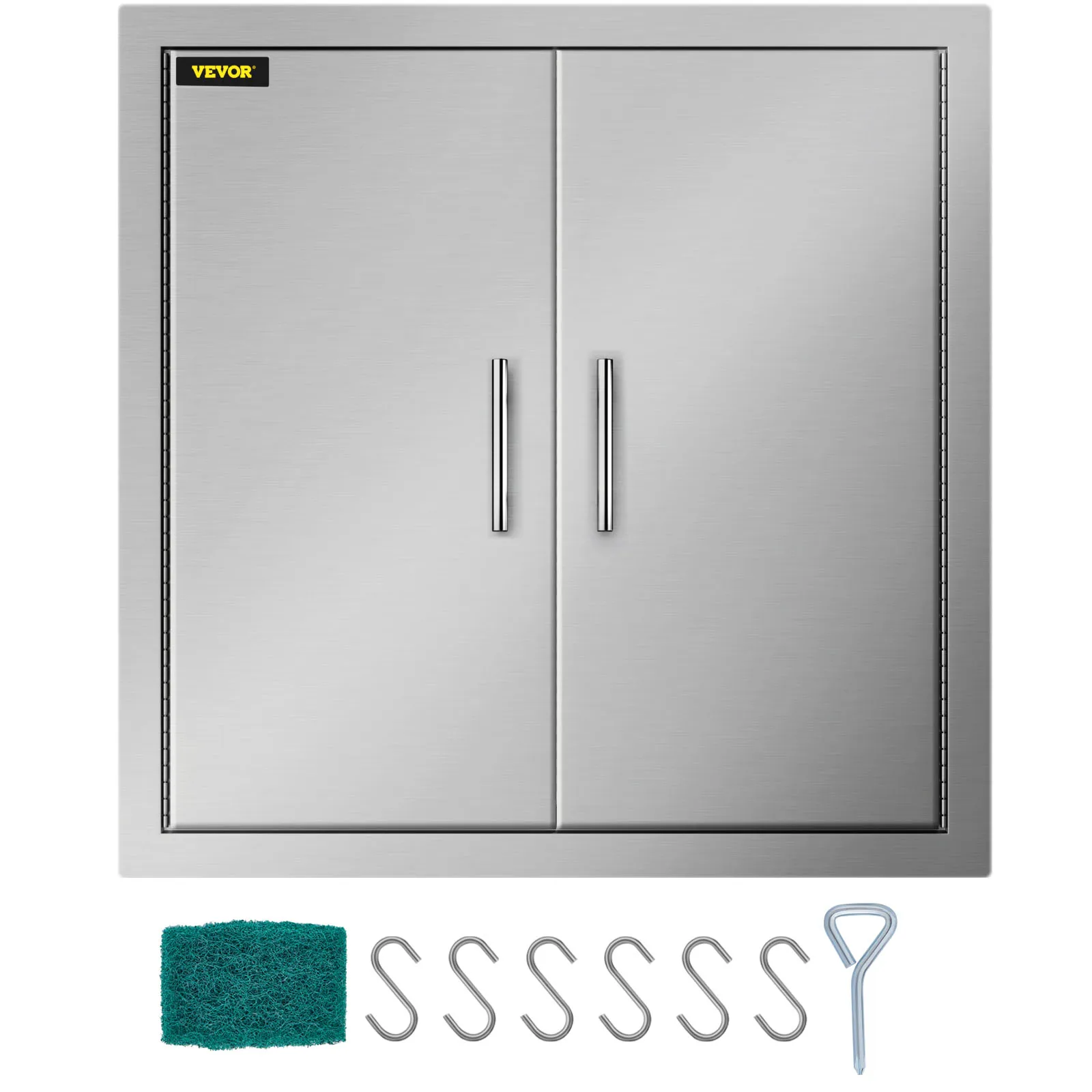 Puerta de acceso para barbacoa VEVOR con acabado en acero inoxidable, almohadilla de limpieza, ganchos y manija.