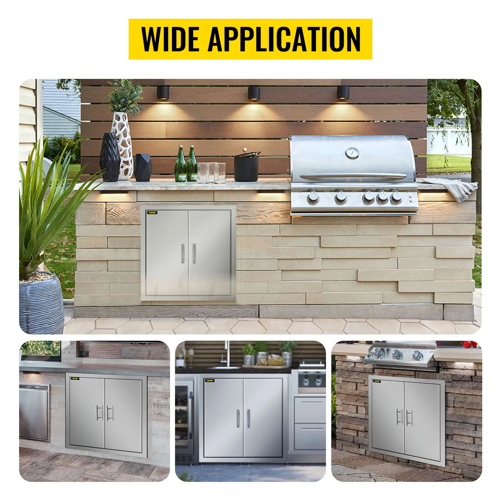 Cocina al aire libre con puerta de acceso para barbacoa VEVOR de acero inoxidable debajo de la parrilla incorporada.