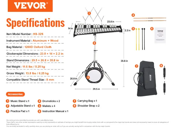 VEVOR glockenspiel kit, adjustable stand, practice pad, drumsticks, mallets, carrying bag, manual.
