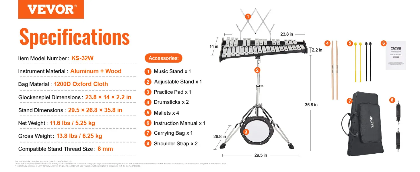 VEVOR glockenspiel kit, adjustable stand, practice pad, drumsticks, mallets, carrying bag, manual.