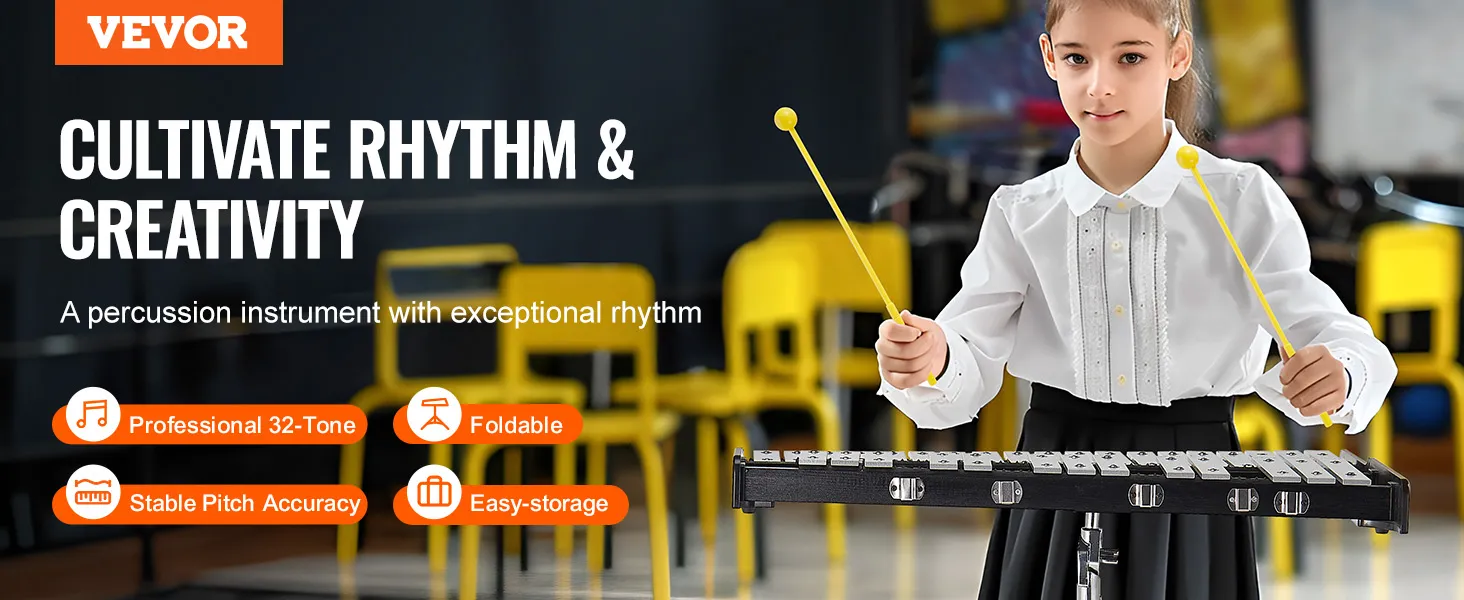 VEVOR glockenspiel kit in a classroom setting, featuring a child playing the professional 32-tone instrument.