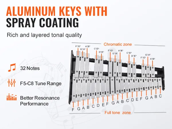 aluminum keys with spray coating, 32 notes, f5-c8, better resonance performance - VEVOR glockenspiel kit