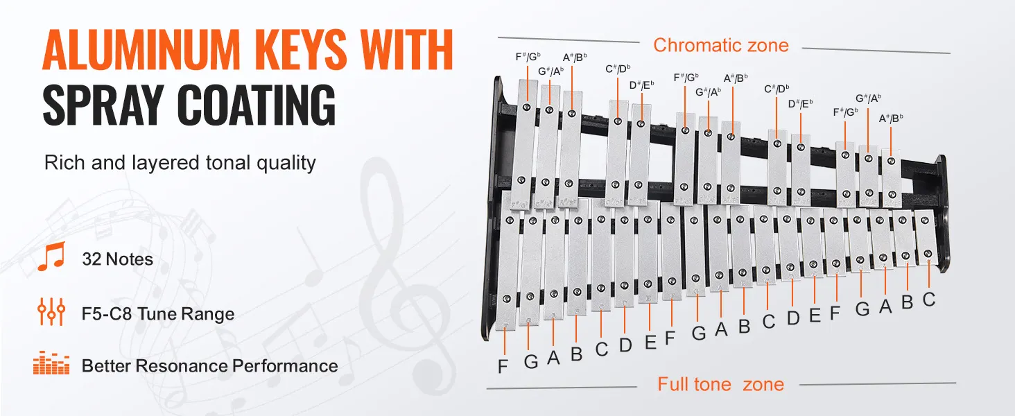 aluminum keys with spray coating, 32 notes, f5-c8, better resonance performance - VEVOR glockenspiel kit