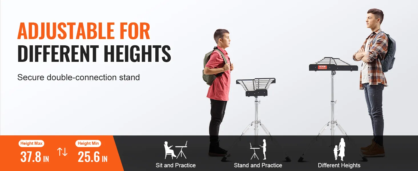 VEVOR glockenspiel kit adjustable stand for different heights with max height 37.8in and min 25.6in.