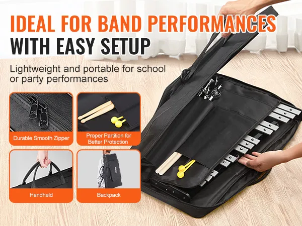 VEVOR glockenspiel kit for easy band performances, featuring a smooth zipper, partitions, and backpack straps.