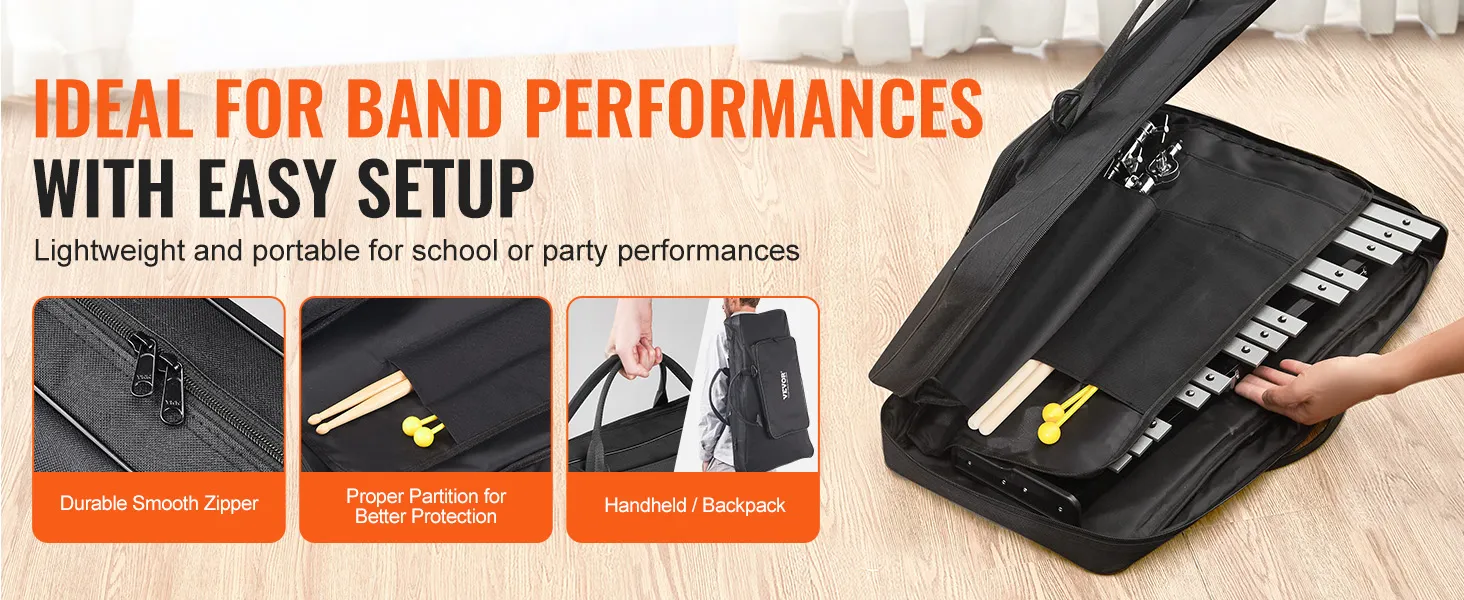 VEVOR glockenspiel kit for easy band performances, featuring a smooth zipper, partitions, and backpack straps.