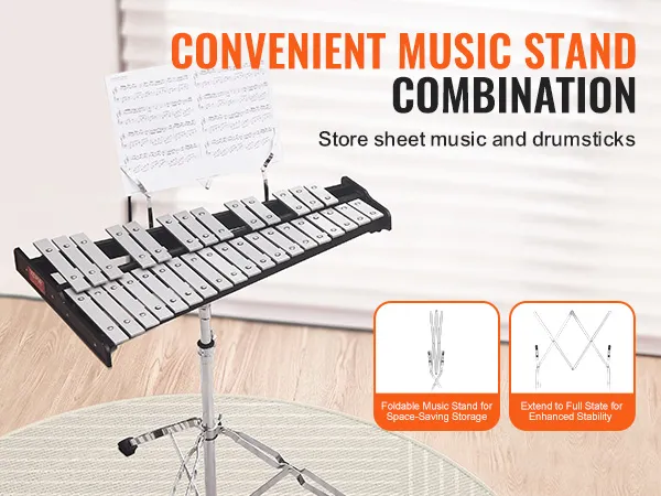 VEVOR glockenspiel kit with foldable music stand, sheet music, and extendable frame for enhanced stability.