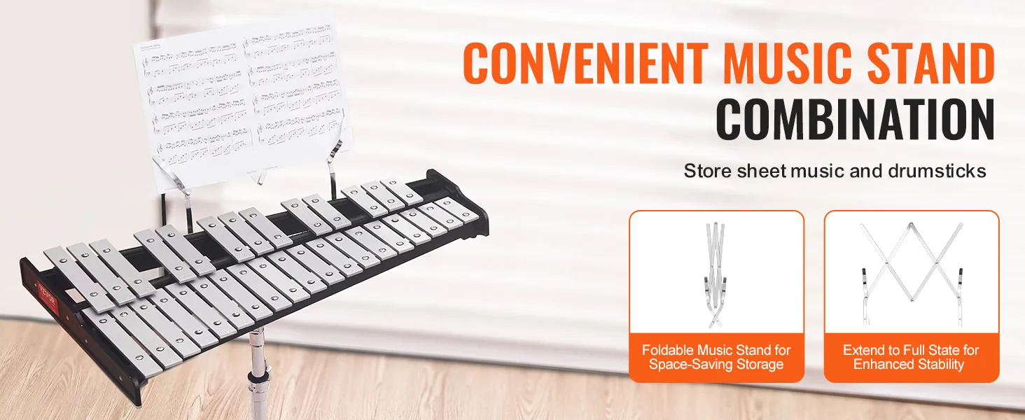 VEVOR glockenspiel kit with foldable music stand, sheet music, and extendable frame for enhanced stability.