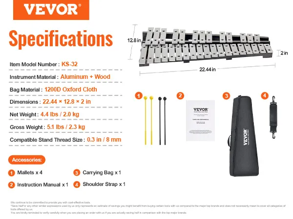 VEVOR klokkenspel xylofoon ks-32, aluminium en hout, inclusief stokken, tas en schouderriem.