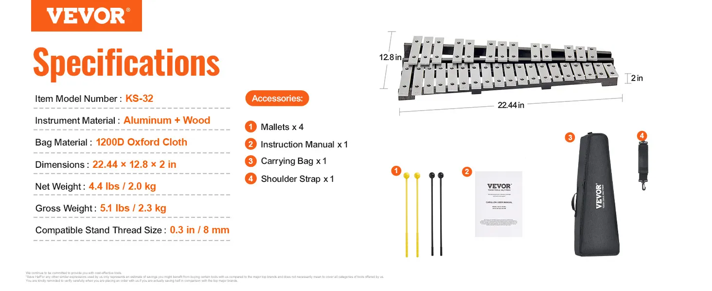 VEVOR klokkenspel xylofoon ks-32, aluminium en hout, inclusief stokken, tas en schouderriem.