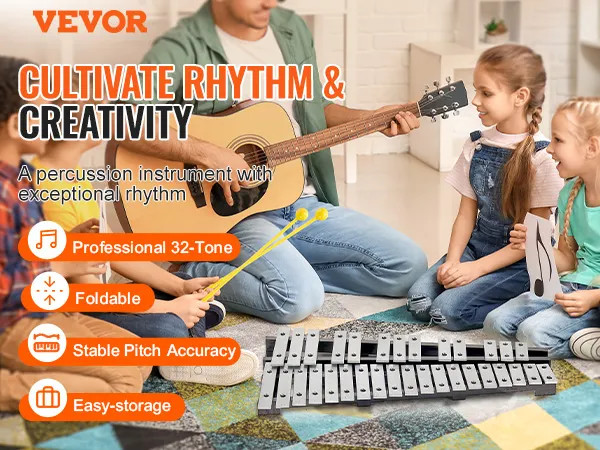Kinderen genieten van muziekles met VEVOR klokkenspel, xylofoon en gitaar in een lichte kamer.