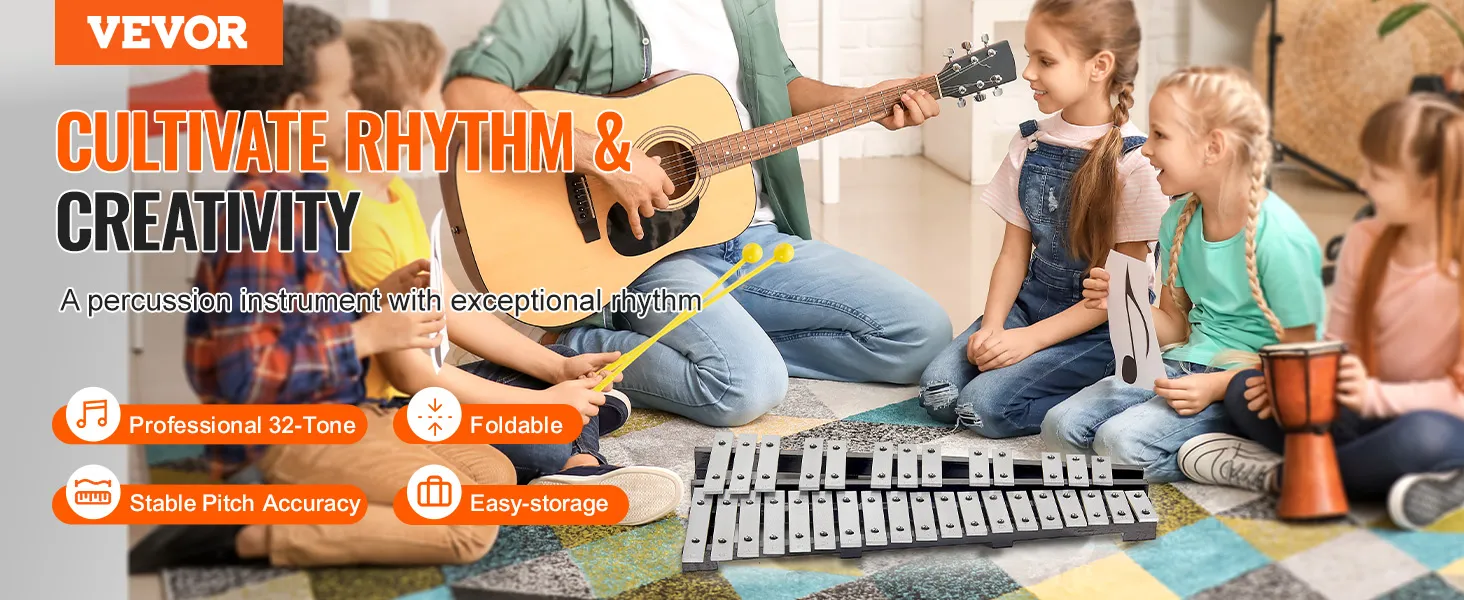 Kinderen genieten van muziekles met VEVOR klokkenspel, xylofoon en gitaar in een lichte kamer.