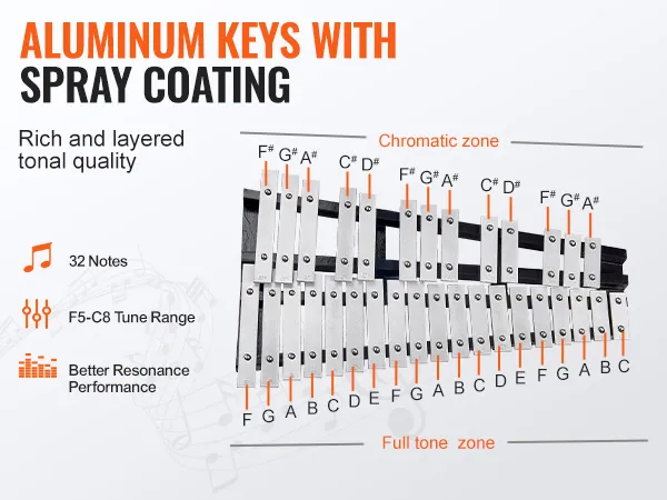aluminium toetsen met spuitcoating, 32 toetsen, bereik f5-c8, voor VEVOR klokkenspelxylofoon.