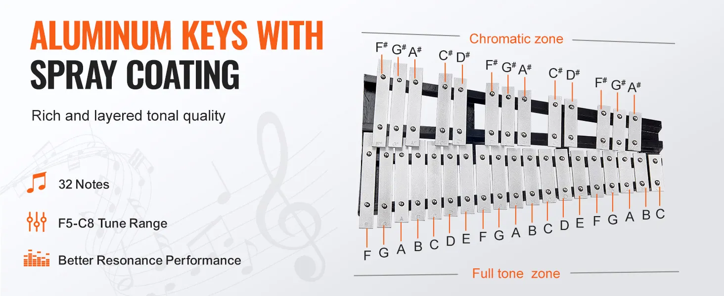 aluminium toetsen met spuitcoating, 32 toetsen, bereik f5-c8, voor VEVOR klokkenspelxylofoon.