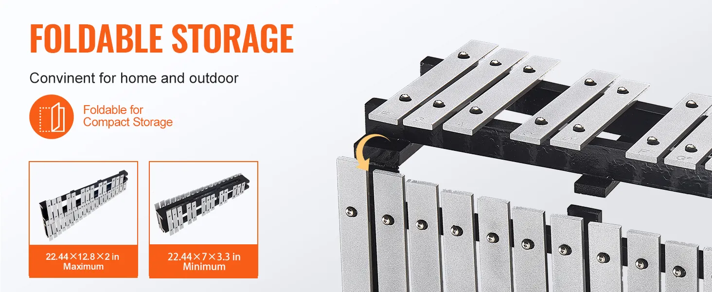 Opvouwbare VEVOR klokkenspelxylofoon, ideaal voor thuis- en buitengebruik, met compacte opbergruimte.