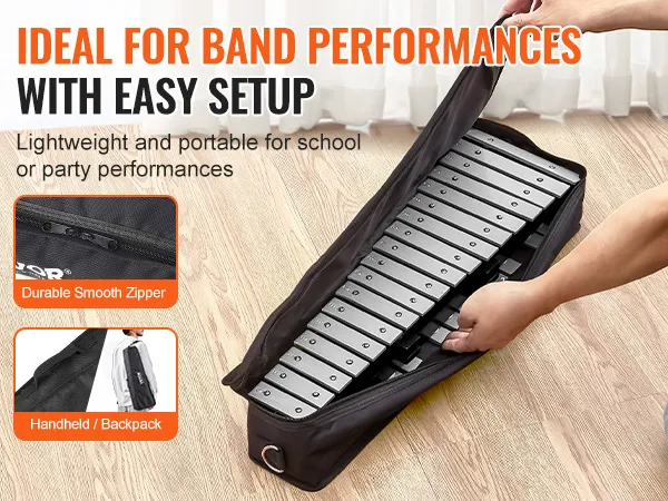 VEVOR klokkenspelxylofoon met duurzame ritssluiting, rugzak- en handheldmodi, ideaal voor bandoptredens.