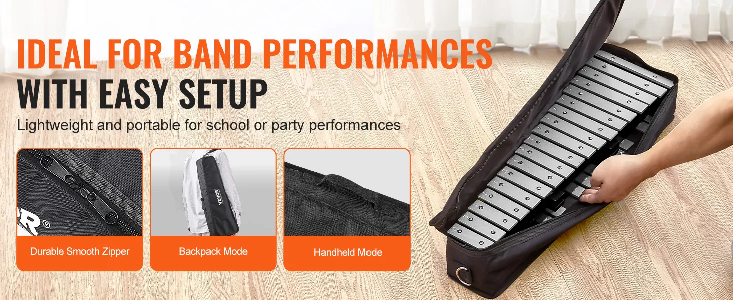 VEVOR klokkenspelxylofoon met duurzame ritssluiting, rugzak- en handheldmodi, ideaal voor bandoptredens.