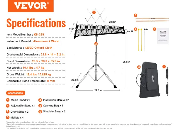 VEVOR glockenspiel kit specifications: model ks-32s, aluminum and wood, includes stands, drumsticks, mallets, and carrying bag.