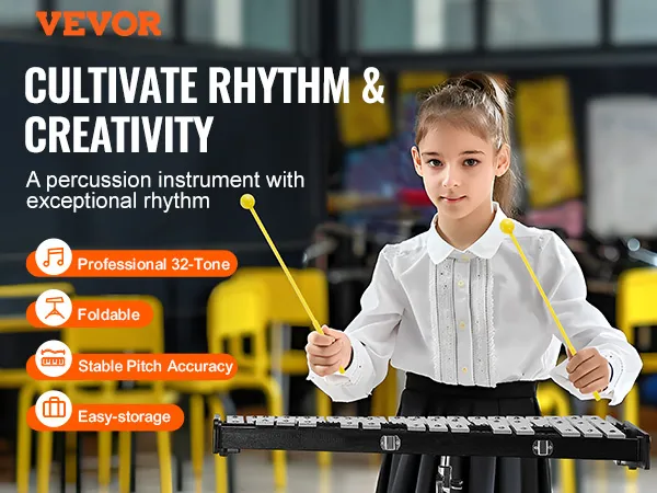 VEVOR glockenspiel kit with professional 32-tone, foldable design, and stable pitch accuracy.