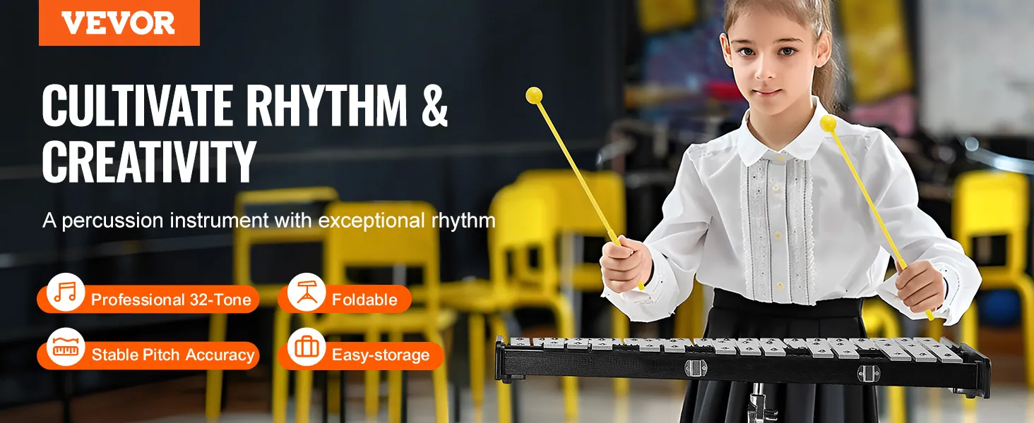 VEVOR glockenspiel kit with professional 32-tone, foldable design, and stable pitch accuracy.