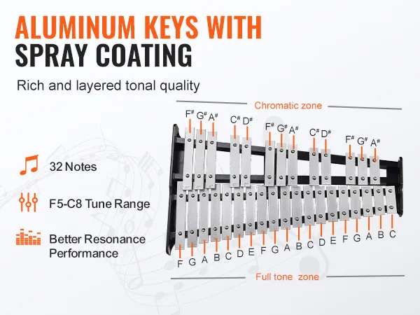 VEVOR glockenspiel kit with 32 aluminum spray-coated keys, f5-c8 range, and rich tonal quality.