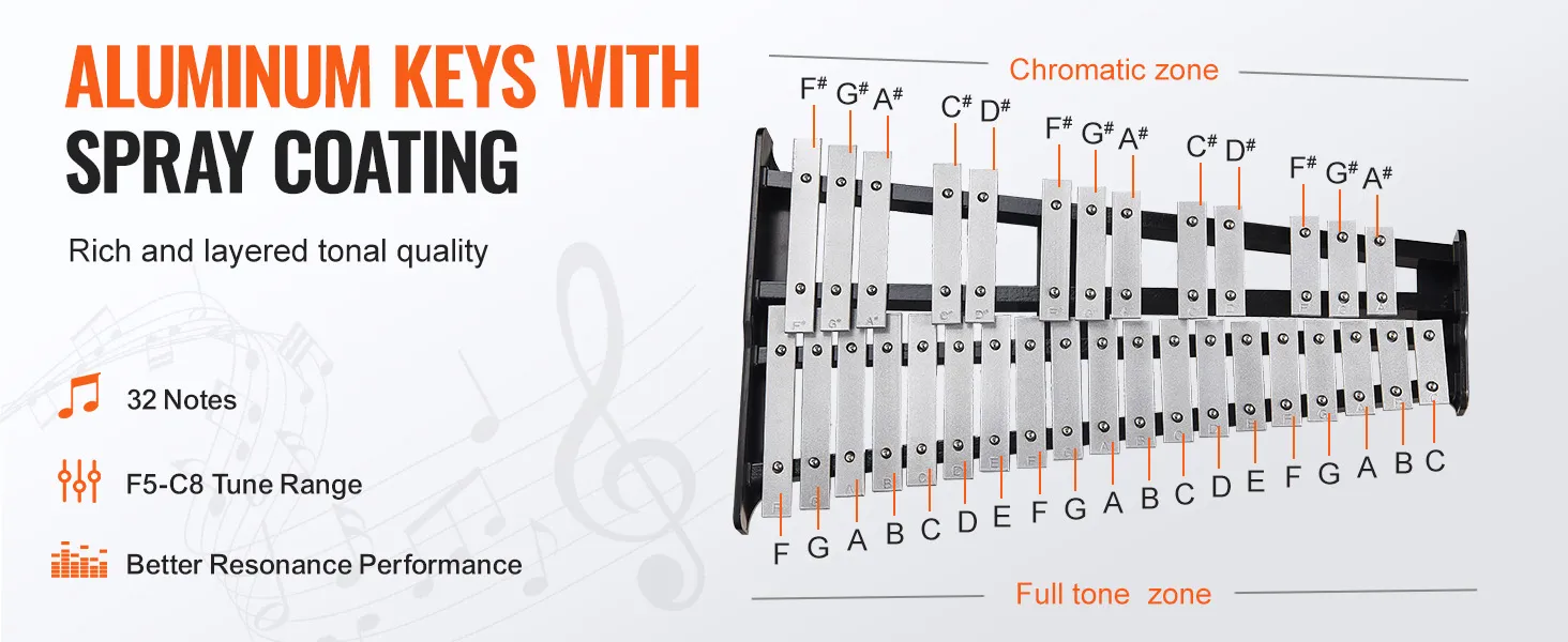 VEVOR glockenspiel kit with 32 aluminum spray-coated keys, f5-c8 range, and rich tonal quality.