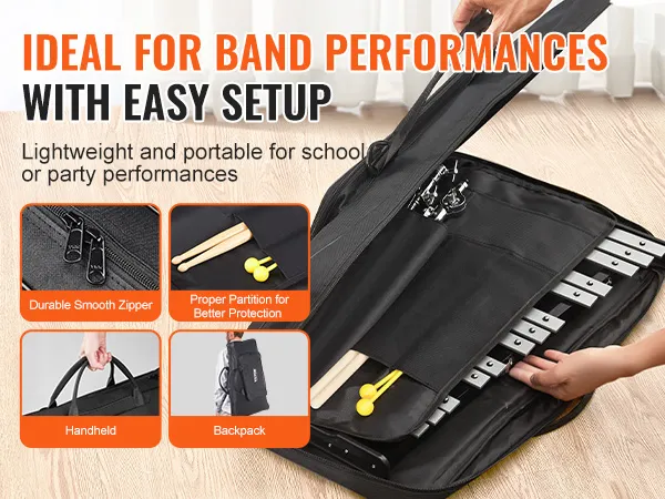 VEVOR glockenspiel kit for band performances, featuring easy setup, smooth zippers, and portable case.