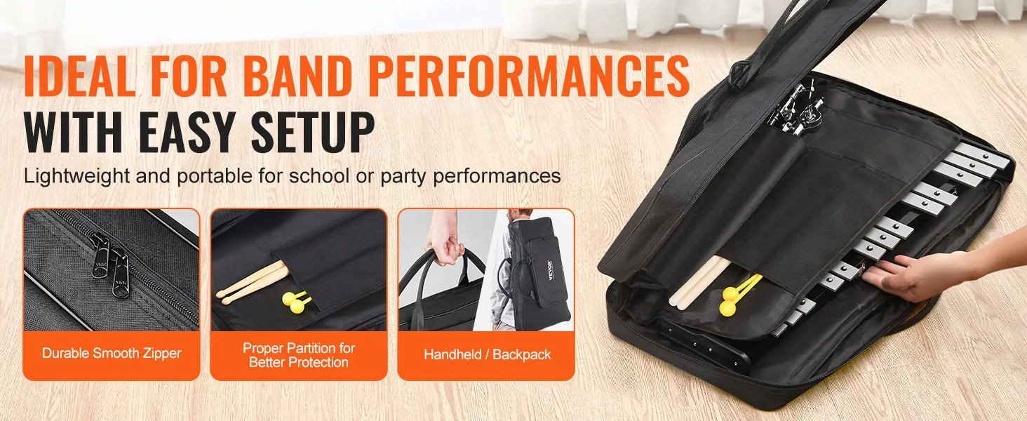 VEVOR glockenspiel kit for band performances, featuring easy setup, smooth zippers, and portable case.