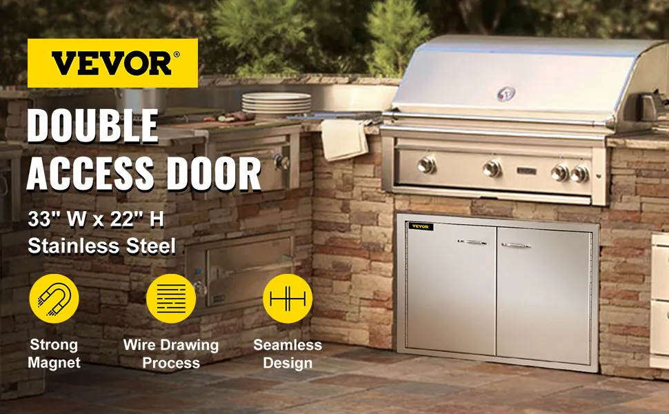 Drzwi dostępowe do grilla VEVOR w kuchni na świeżym powietrzu z podwójnymi drzwiami ze stali nierdzewnej.