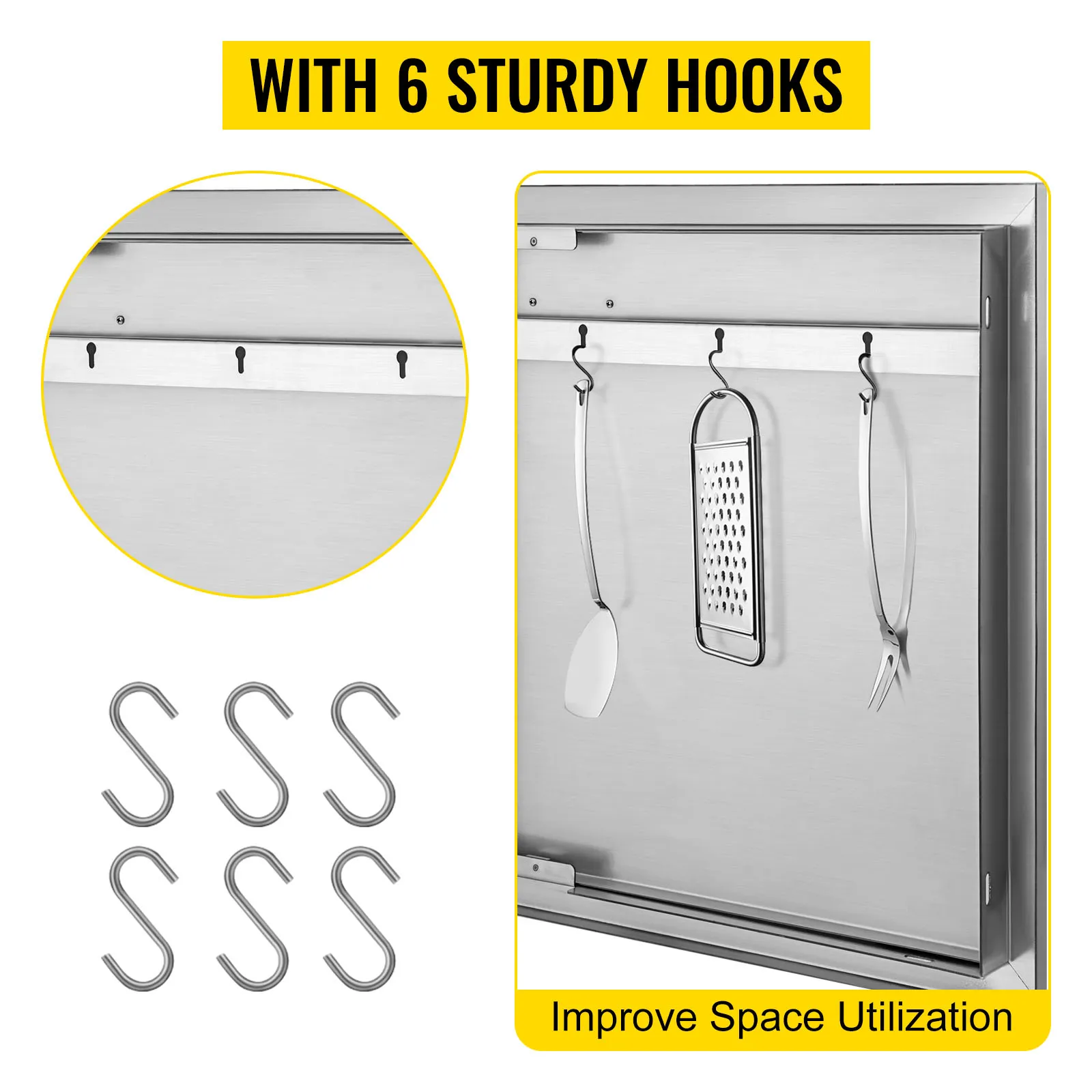 Drzwiczki dostępowe do grilla VEVOR z 6 solidnymi haczykami dla lepszego wykorzystania przestrzeni.
